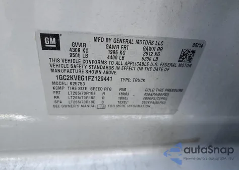 2015 Chevrolet Silverado K2500 Heavy Duty Lt из США, поврежденный, VIN 1GC2KVEG1FZ129441